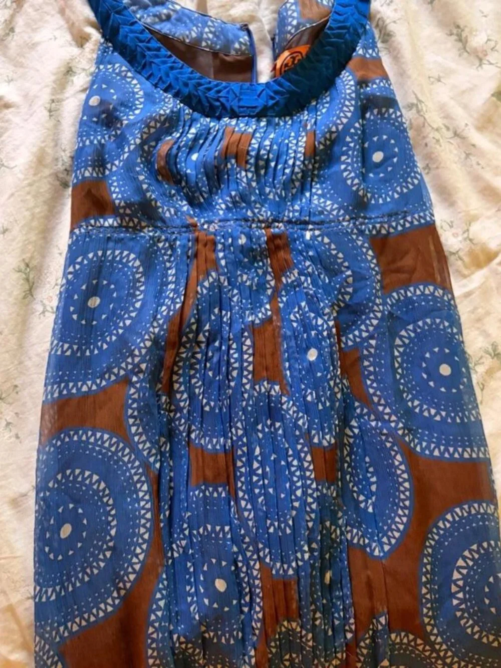 Tory Burch blue and brown circular patterned mini dress